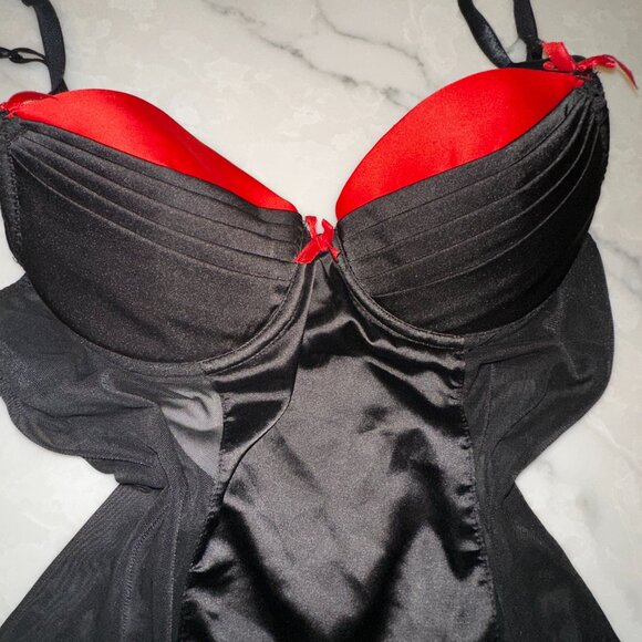 Rampage Black and Red Satin Babydoll Lingerie with Underwire Cups & Sheer Panels - Picture 3 of 4